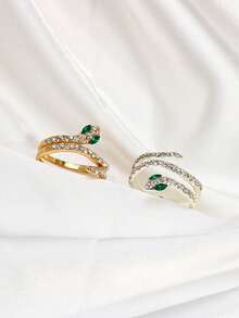 这款精致优雅的蛇形开口可调节扭纹缠绕戒指，镶嵌水钻，绿眼镶满钻石，是一款适合日常佩戴和万圣节的完美珠宝饰品。 - 彩色 - 查看 3