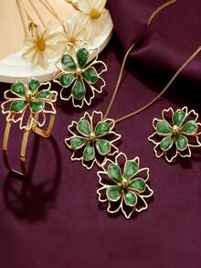 1 pièce/set Élégant rafraîchissant doux bijoux en émail à goutte de fleur de marguerite, comprenant boucles d'oreilles, collier, bague, bracelet. Bijoux floraux dorés à la mode, convient pour les femmes à porter lors de banquets, de fêtes et d'occasions quotidiennes - Vert - Voir 8