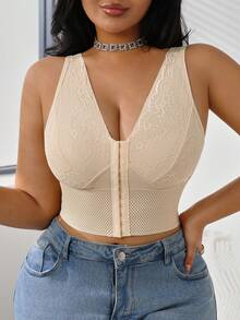 Modelador de Cintura com Fechamento Frontal Plus Size, Sutiã de Renda Sexy com Fechamento Frontal, Sutiã-Corselet sem Arame e Sem Enchimento, Modelador Slim para Mulheres - Damasco - Visão 4