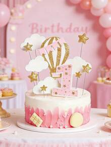 12 pièces Ensemble de décorations en papier pour gâteau de 1er anniversaire, comprenant fanions, étoiles, nuages, montgolfières, chiffre 1, couleur rose, convient pour baby shower et fête d'anniversaire - A - Voir 5