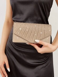 REMANLAND Minimalist And Sleek Clutch With Glitter Diagonal Pleated Accents, Featuring Clean Lines, A Refined Glitter Finish, Streamlined Diagonal Pleats And Envelope Silhouette. Seamlessly Transitions From Office Meetings To Business Dinners, Balancing Professionalism With Subtle Luxury For Everyday Elegance. It Is The Best Gift For Women - Champagne - View 8