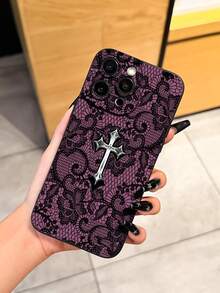 1pc New Unique Lace Cross Pattern Creative Phone Case, Compatible With Apple 17 Pro Max/Air, 11/12/13/14 Plus, XR/7/8 Plus/15 Pro Max, Series - Black - View 4