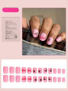 24片短方形美甲贴片，粉色哑光，饰有可爱的腊肠犬和红色爱心图案，适合女性日常佩戴 - 彩色 - 查看 2