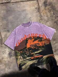 Break The SystemMen's Washed Vintage Crewneck T-Shirt, 100% Cotton 180GSM, Godspeed Highway Car Print, Retro Faded Style, American Streetwear, - 紫羅蘭色 - 查看 5
