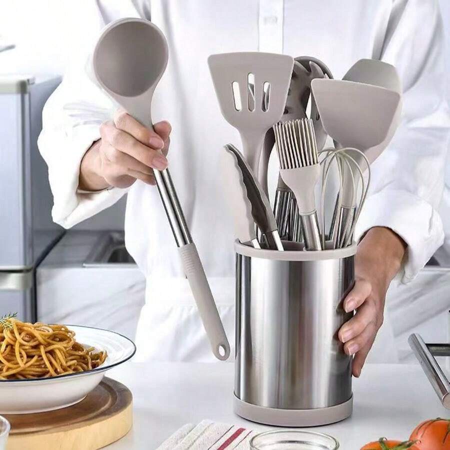 Stainless Steel Handle Silicone Cookware Set, Non-Stick Silicone Utensil Set, Silicone Kitchen Tool Set, Heat-Resistant Kitchen Utensils - Spatula, Scraper, Spoon, Brush, Whisk, Kitchen Tool Set, Suitable For Non-Stick Pans, Dishwasher - Multicolor - View 1