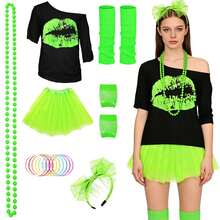 80s Retro Women's Outfit Set Including T-Shirt, Necklace, Tutu Skirt, Suitable For Halloween, Birthday Party And Other Occasions - Multicolor - View 2