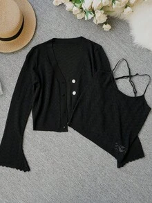 Lightweight Knitted Camisole Cover Up Set For Women, Thin Shawl Collar Shrug Sunscreen Cover Up, Spring/Summer - Black - View 7