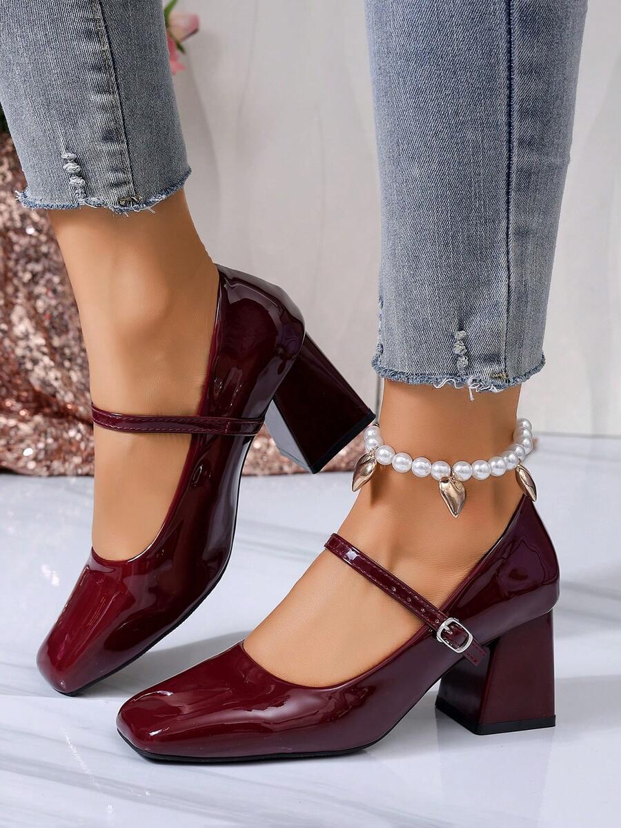 女士方头粗跟时尚简约亮面新款休闲一脚蹬鞋，适合所有季节 - 酒紅色 - 查看 1