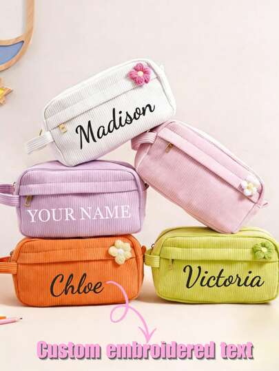 1PC Personalized Corduroy Pencil Case, Custom Name Pencil Pouch For Kids, Large Capacity School Stationery Bag, Back To School Gift, Multi-Purpose Makeup Bag & Toiletry Pouch, Christmas Gift For Boys And Girls