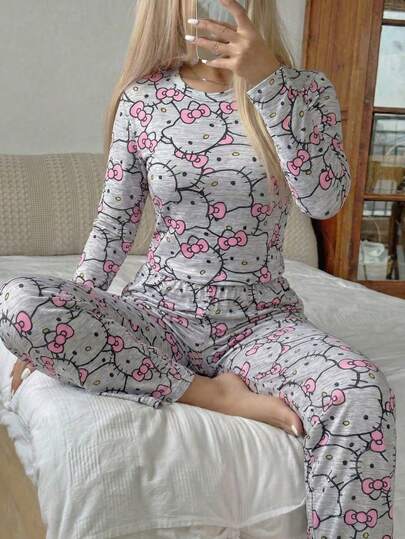 SANRIO 2 piezas Conjunto de pijama para mujer, top de manga larga y pantalones, colores vibrantes de moda, adecuado para primavera y otoño