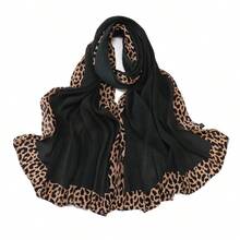 1pc Boho Style Women's Solid Color Hijab, With Leopard Print Border And Pleated Details, Suitable For All Seasons, Versatile, Can Be Used As A Scarf, Headwrap, Cape, Shawl, For Daily Wear Or Special Occasions, Can Also Be Used As A Clothing Accessory, Windproof And Sunscreen.,Beach,Holiday - Multicolor - View 14