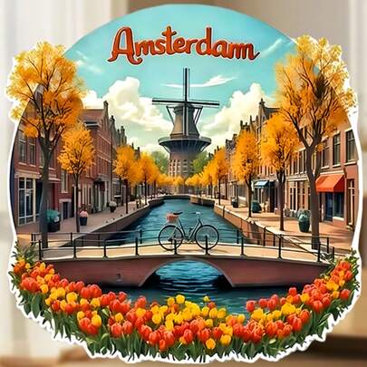 Amsterdam Golden Autumn: Round Fridge Magnet, Golden Trees, Blooming Tulips, Canal And Windmill, Bicycle On Bridge - Warm Autumn And Dutch Freedom