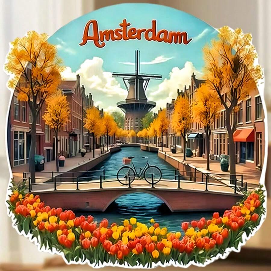 Mùa thu vàng ở Amsterdam: Nam châm tròn dán tủ lạnh, cây vàng, hoa tulip nở rộ, kênh đào và cối xay gió, xe đạp trên cầu - Mùa thu ấm áp và tự do kiểu Hà Lan. - D - Xem 1