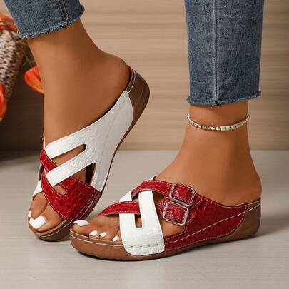 1 Pair 2025 New Summer Versatile Slip-On Comfortable Outdoor Beach Fashion Double Buckle Criss-Cross Color Block Platform Wedge Sandals, Suitable For Dresses And Pants