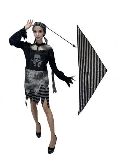 2PCS/SET-Women's Pirate Dress With Rhinestone Skull Decoration, Includes Striped Headscarf For Theme Party & Carnival