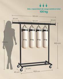 SONGMICS Perchero con Ruedas, Burro Ropa, Barra Extensible, Carga de 100 kg, 45 x (92-132) x 161,5 cm, Fácil Montaje, Negro - A - Ver 6