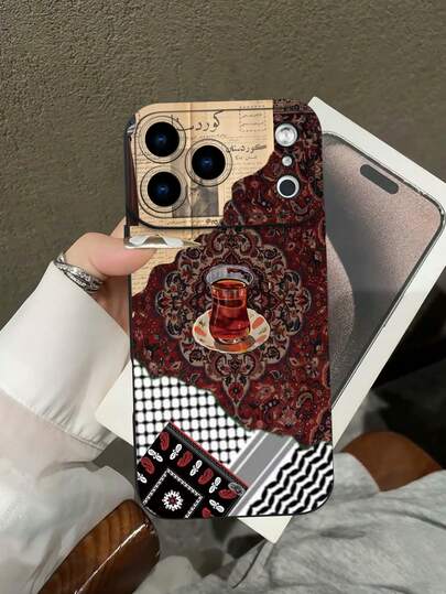 Middle East 1pc Newspaper Print Patchwork 2D Pattern Creative Elegant Middle Eastern Cartoon Funny Flag Statue Design Suitable For Gifting To Elders, Friends, Family, Couples, Birthday, Festivals, Black Matte Soft Protective Case Compatible With IPhone 16/15/14/13/12/11/Pro/ProMax/X/XR/XS/XSMAX/7/8/PLUS And Models,International Version, Not The Domestic Version