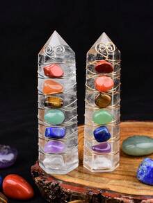 Natural Crystal Obelisk Pyramid Seven Chakra Healing Stone Crafts, Home Decor Gift - White Crystal Seven Chakra Pillar - View 10