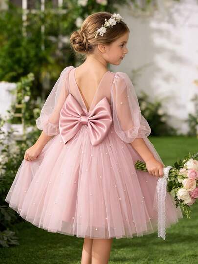 Young Girl Elegant Pink Dress With Bow, Princess Dress For Little Girls, Suitable For Weddings, Parties, Birthdays, Galas, And Other Important Occasions
