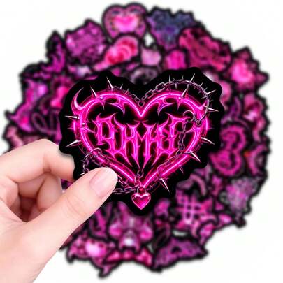 50 PCS Pink Gothic Heart Graffiti Stickers, Cool Y2K Aesthetic Vinyl Decals For Adults, Perfect For Laptops, Water Bottles, Skateboards, Phone Cases, Journals, Notebooks, And DIY Craft Decorations, Edgy Alternative Punk Style Waterproof Stickers For Personalizing Your Belongings