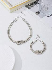 Bộ 2 món trang sức bạc phong cách punk tối giản thời trang, dây chuyền và vòng tay xoắn, chất liệu kim loại độc đáo, dễ dàng phối hợp đeo hàng ngày, món quà tuyệt vời. - Nhiều màu - Xem 2