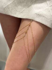 HOTNICE 1pc Multi-Layer Chain Tassel Pendant Black Rope Thigh Chain Elastic Leg Chain Jewelry Body Chain - Golden - View 2