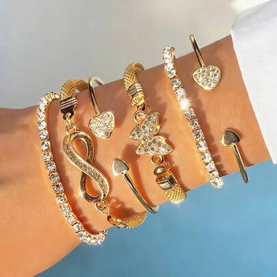 6件套女士心形、无限符号、蝴蝶吊坠手链套装，日常佩戴