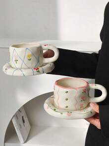 一套花卉图案陶瓷咖啡杯碟，优雅欧式陶瓷杯碟，咖啡杯碟，陶瓷杯碟，高品质下午茶杯，家用早餐牛奶杯，咖啡杯，水杯，果汁杯，礼品杯，饮具，杯碟套装 - 彩色 - 查看 7