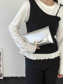 Bolso de mano de lujo tipo sobre de primavera 2026, minimalista y versátil con hebilla de metal, elegante bolso de fiesta de moda, bolso de mujer de gran capacidad y unicolor - Plateado - Ver 7