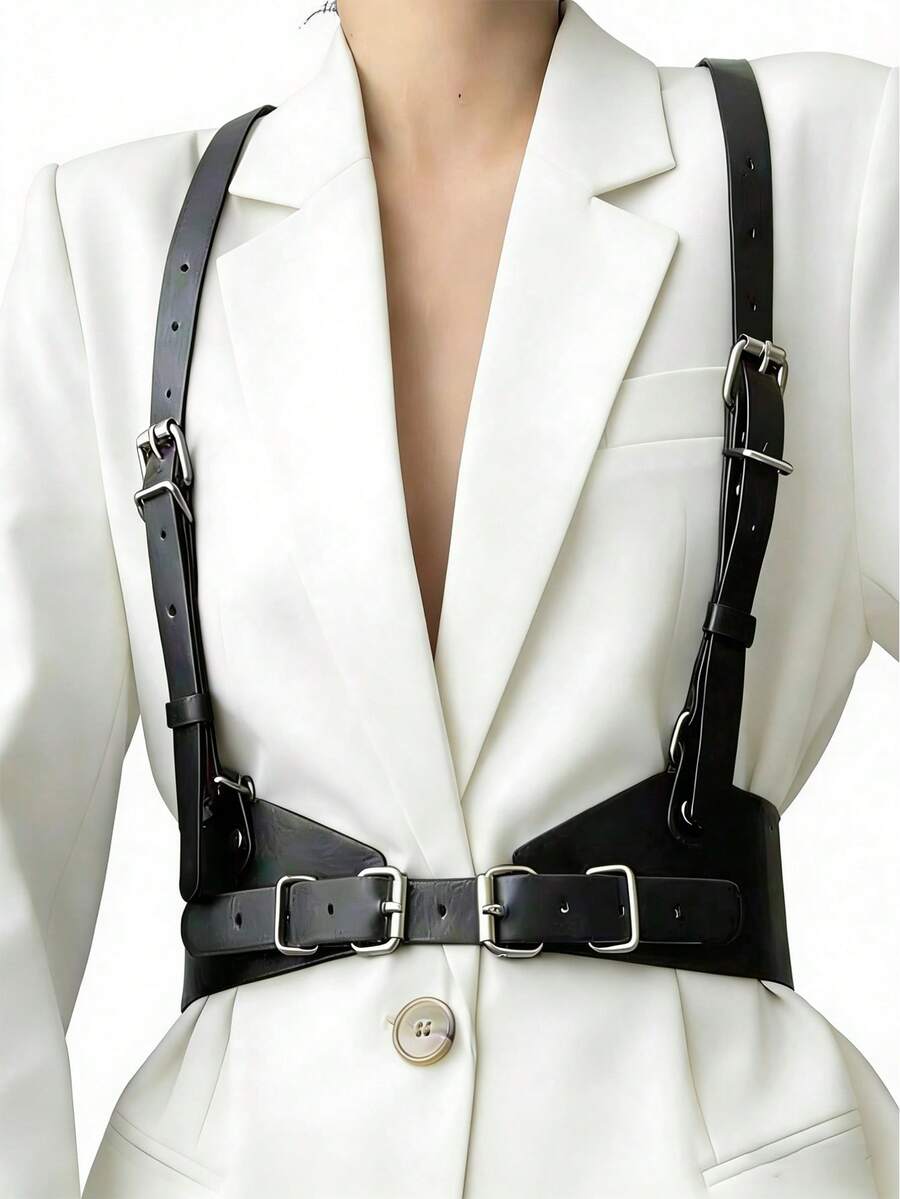 1 chiếc thắt lưng da PU phong cách Punk dành cho nữ, thắt lưng đa năng, dây đeo áo sơ mi, dây đeo váy và vest. - màu đen - Xem 1