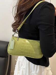 Crocodile Embossed Korean Style Women's Handbag, New Fashion Shoulder Bag, Minimalist Crescent Shaped Tote Bag For Women, Commuting , Green - 黑色 - 查看 4