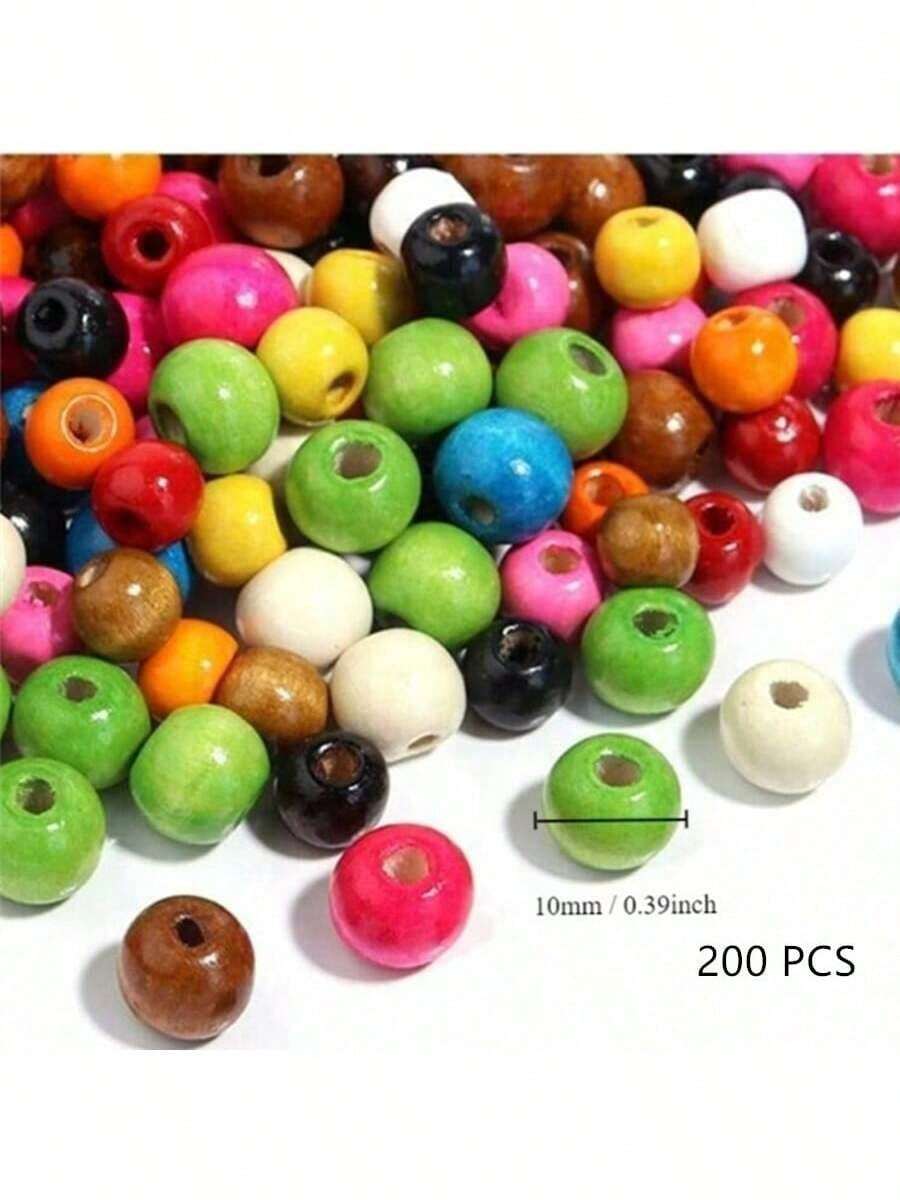 200pcs Large Hole Wooden Beads, Vintage Round Natural Wood Beads, Colorful Loose Wooden Spacer Beads For Necklace, Bracelet, Hair DIY Craft Decoration - Multicolor - View 1