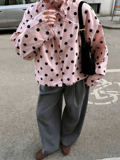 Chaqueta casual de mujer de manga larga con botones, cuello alto y estampado de lunares, color rosa