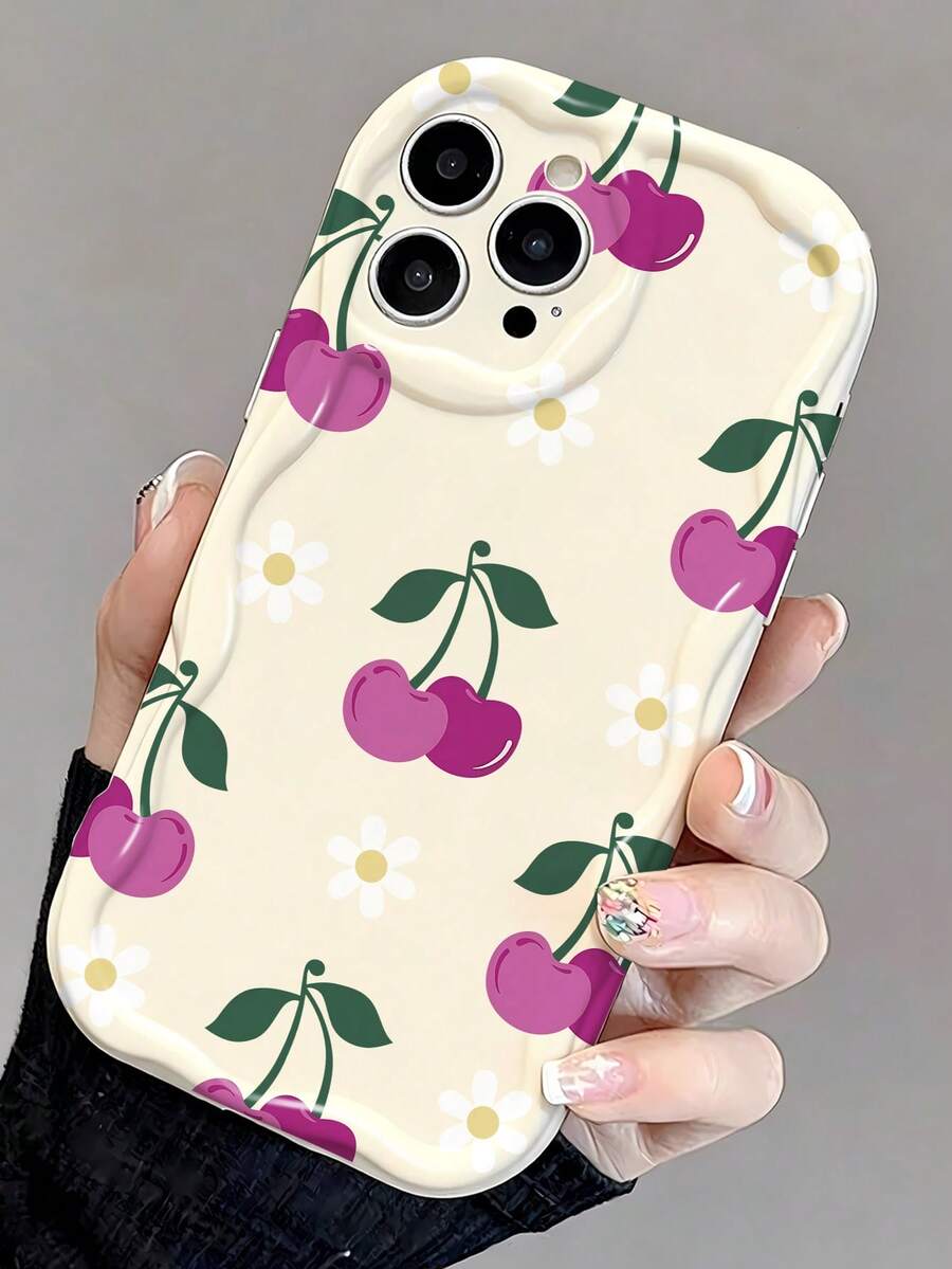 1pc Minimalist Fresh Cherry & Daisy Pattern Full Coverage Cream Wavy Edge Unique Phone Case Suitable For IPhone 11/12/13/14/15/16/17 Pro Max - Multicolor - View 1