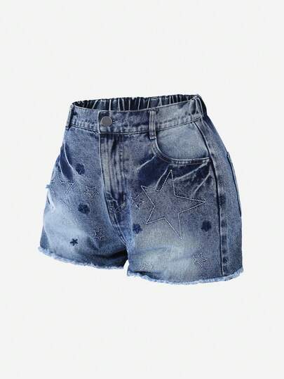 1pc Girls' Casual Vintage Distressed Star Rhinestone Embellished Loose Wide Leg Denim Shorts, Fashionable Design, Summer