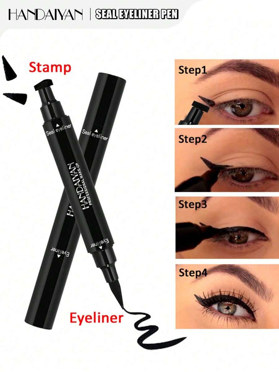HANDAIYAN 2-In-1 Eyeliner Pencil, Waterproof Sweat-Resistant Long-Lasting Smooth Dual-Ended Triangle Stamp Eyeliner, Black, Ideal For Daily Makeup, Holiday, Party, Back To School, Travel, Face Painting, Cosmetics For Women, Suitable For Winter/Spring, Ideal Gift For Birthday, Valentine's Day, Mother's Day, Essential For Carnival Party - 黑色 - 查看 1