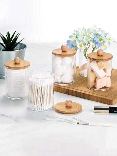 1/2/3/4pcs Bamboo Lid Cotton Swab Storage Box - 10oz Clear Plastic Apothecary Jar Container, Cosmetic Organizer, Bathroom Accessories Set For Cotton Swabs, Cotton Pads, Dental Floss