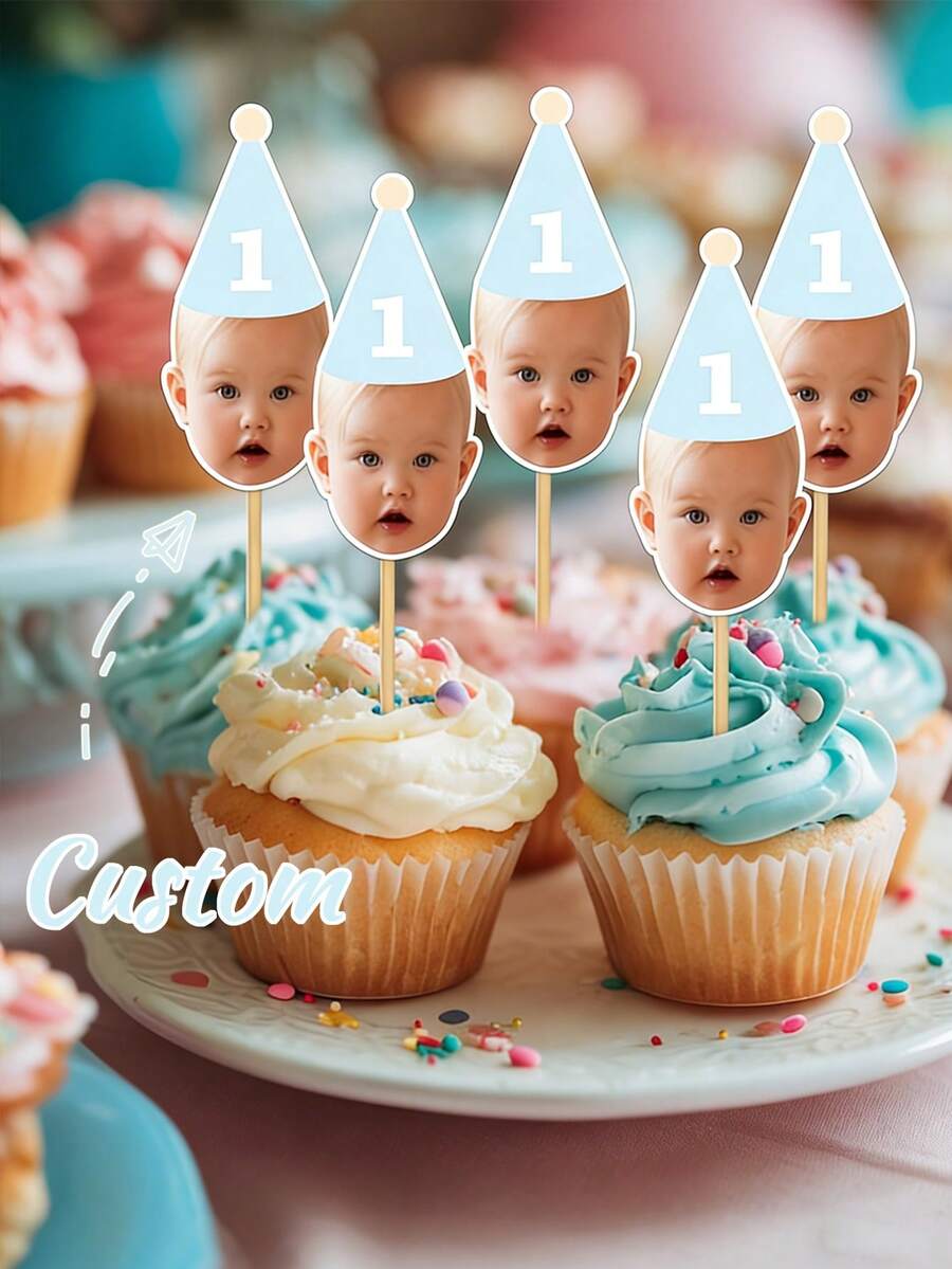 6pcs Personalized Face Cupcake Picks, Personalized Birthday Cake Toppers Featuring, Custom Face Photos,Customizable For Any Age! ,Milestone Happy Birthday Party Decorations, First Birthday Anniversary Party Supplies, Birthday Celebration Cake Accessories, These Unique Cake Flags Serve As The Perfect Decoration For Birthday Parties - Multicolor - View 1