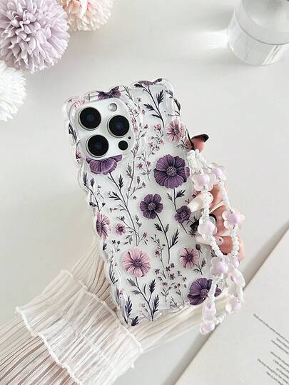 Flower Braided Wave Edge Minimalist Elegant TPU Floral Painted Anti-Drop Phone Case With Beaded Bracelet Accessory, Compatible With IPhone 17pro/17Air /17/17promax 16/11/16pro/16plus/16promax/16e/15Promax/13/14/12/XS/XR/7G/8PXR /7/8, 15Promax, 13, 14