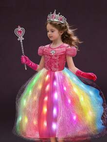 Vestido de princesa rosa con luz, adecuado para disfraces de Halloween y Navidad para niñas, apto para bebés, niños y adolescentes - Rosa - Ver 5
