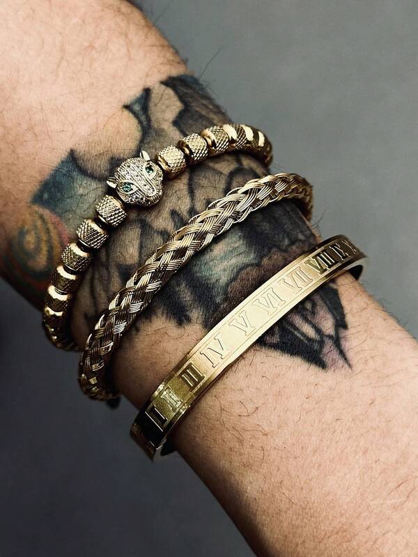 3pcs/Set Stainless Steel Roman Numeral, Pineapple Bead, Leopard Head Braided Rope Bracelets Set For Men, Suitable For Daily Wear
