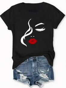 White Women'S T-Shirt Featuring A Red Lips Design, A Soft And Casual Top Suitable For Everyday Wear, Machine Washable For Spring And Summer Outfits, Ideal For Ladies, Bold Graphic Tee With A Comfortable Fit, Perfect For Spring Fashion - màu đen - Xem 11