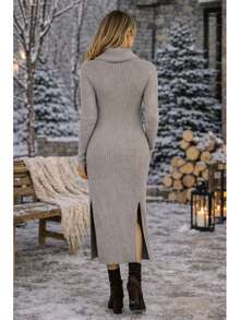 Midi Dress With A Cowl Neck, Long Sleeves, Side Slits, Knit Fabric. - Grey - View 4