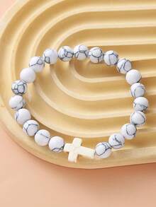 1PC 8MM Natural Stone Cross Healing Bracelet Gift For Christians With Prayer Card - White Turquoise - View 2