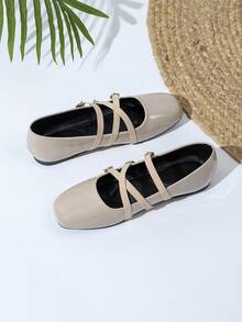 复古学院风玛丽珍鞋，三条绑带设计，百搭休闲女鞋 - 杏色 - 查看 3