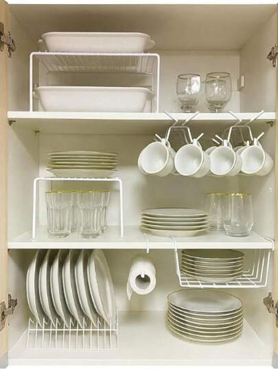 Kit Organizador de Armário Aramado de Cozinha Suporte de Prato Xícara Cesto 7 Peças