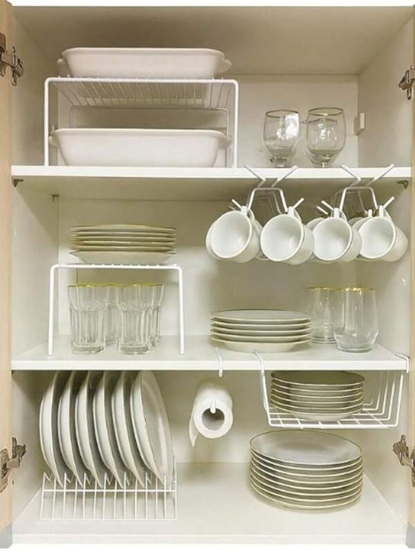 Kit Organizador de Armário Aramado de Cozinha Suporte de Prato Xícara Cesto 7 Peças