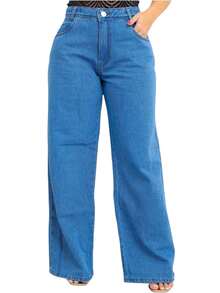 Women's Wide Leg Jeans, Plus Size, High Waist, Without Lycra - Dark Wash - View 1