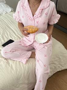 Dreamivo 情人节荷叶边条纹蝴蝶结睡衣套装，短袖上衣和长裤，轻薄睡衣 - 粉色 - 查看 5