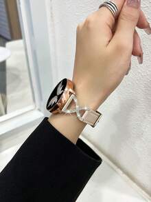 20mm X-Shape Cow Leather Watch Band With Rhinestones, Suitable For Samsung, Watches - Apricot - View 5